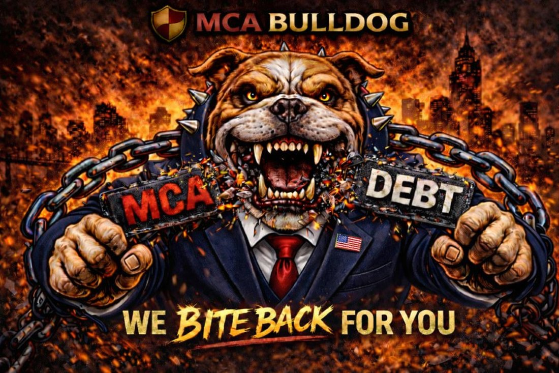 The MCA Bulldog: an illustrated bulldog in a navy suit and studded collar breaking a chain marked MCA and DEBT in front of a burning city skyline, with the words We Bite Back For You.