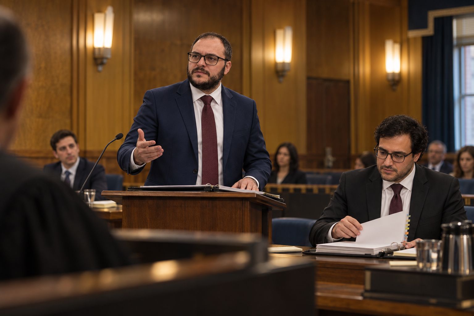 Mikhail Usher at the lectern mid-argument, one hand open toward the bench, Alexander Susi at counsel table turning to a tabbed exhibit