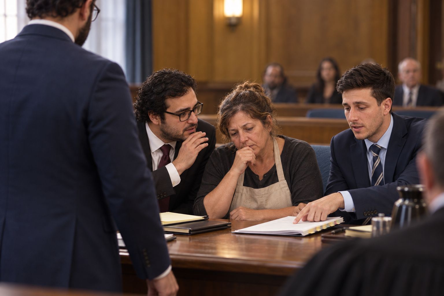 Alexander Susi whispering to a client at counsel table while Mitchell Bromberg points to a line in a document, Mikhail Usher standing in the foreground
