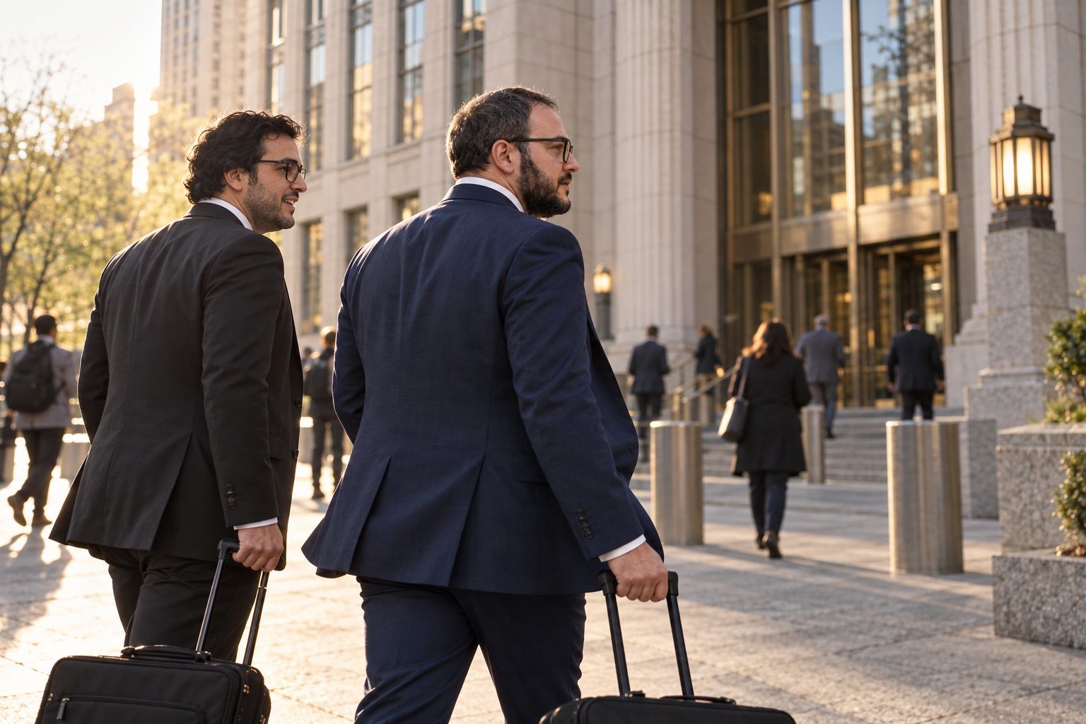 Mikhail Usher and Alexander Susi walking toward the entrance of the Eastern District of New York courthouse at Cadman Plaza with a rolling litigation case