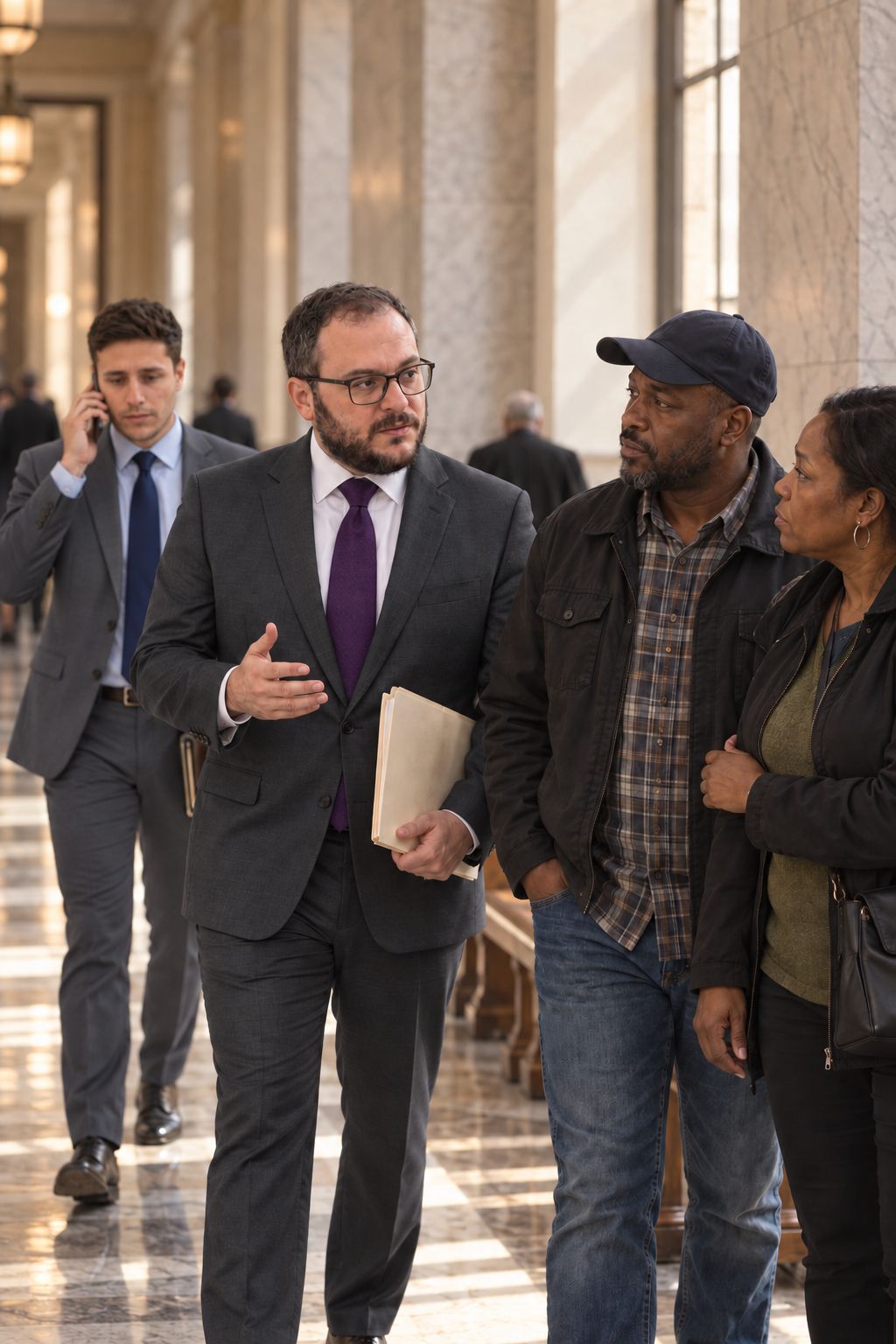 Mikhail Usher in a marble courthouse corridor explaining a ruling to a client couple while Mitchell Bromberg walks toward them on the phone