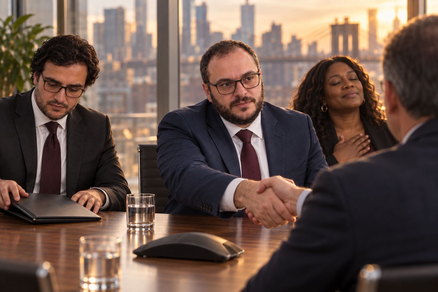 Mikhail Usher shaking hands across a conference table with an opposing lawyer whose face is turned away, a salon owner behind him exhaling with a hand on her chest while Alexander Susi closes the folder