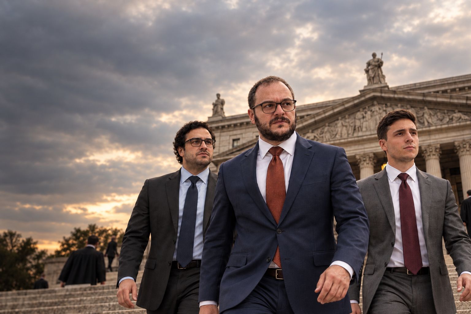 The three attorneys walking toward the camera in front of the New York County Supreme Court under a stormy sky