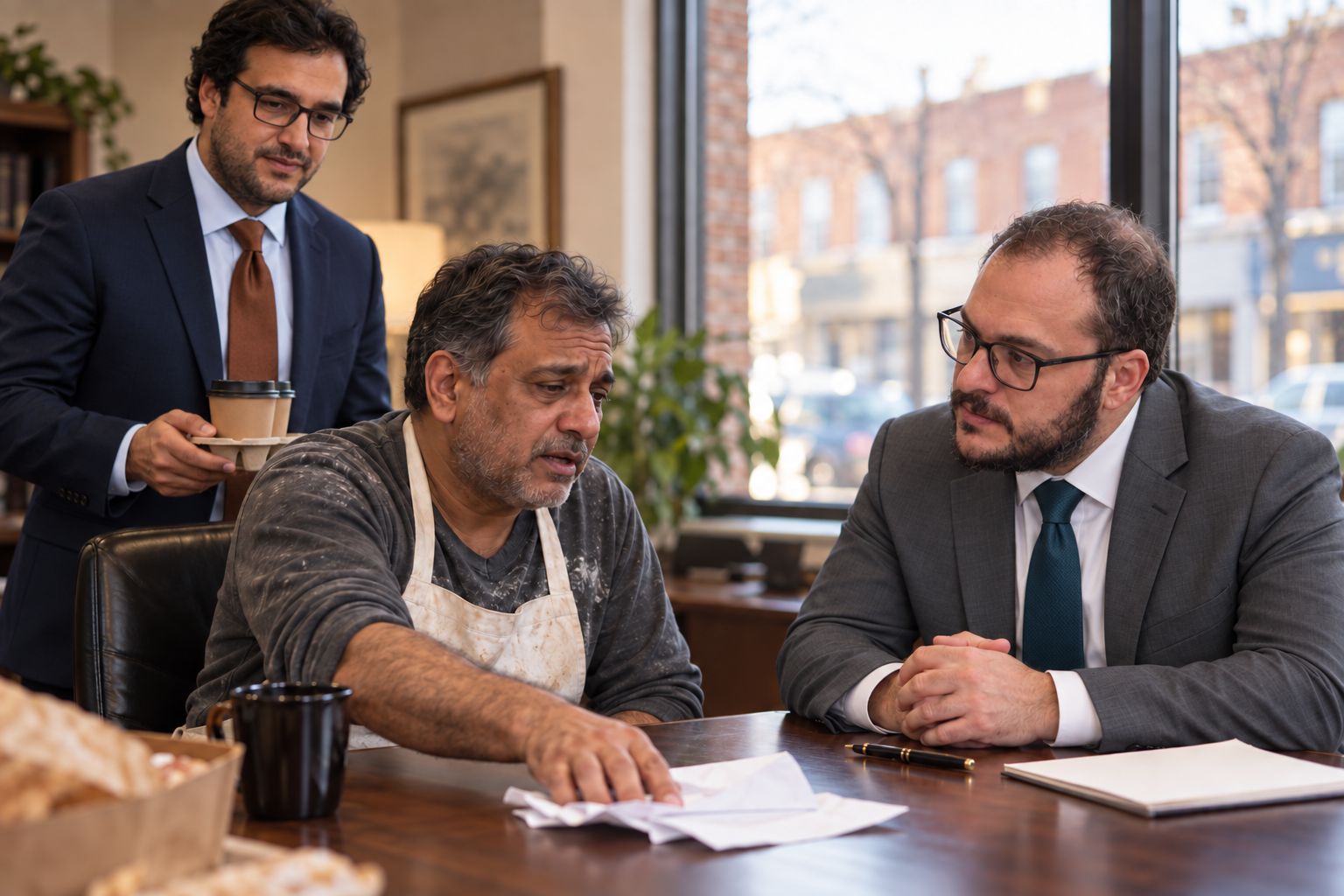 Mikhail Usher listening to a baker in a flour-dusted apron who is pushing a bank notice across the table