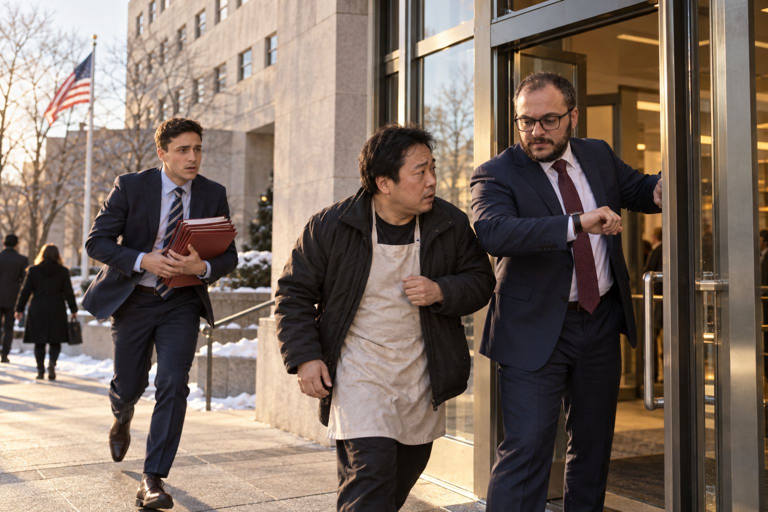 Mitchell Bromberg hurrying up to the Kings County Supreme Court entrance with an armful of red folders while Mikhail Usher holds the door and checks his watch beside a client in an apron