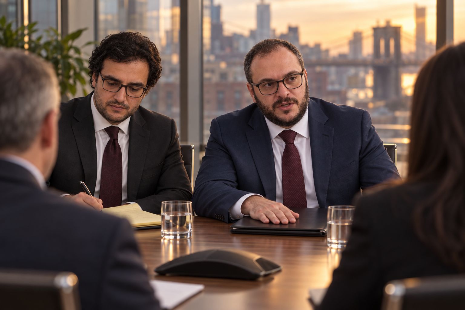 Mikhail Usher speaking across a conference table with his palm flat on a closed folder while Alexander Susi writes a figure on a legal pad, two opposing negotiators seen from behind