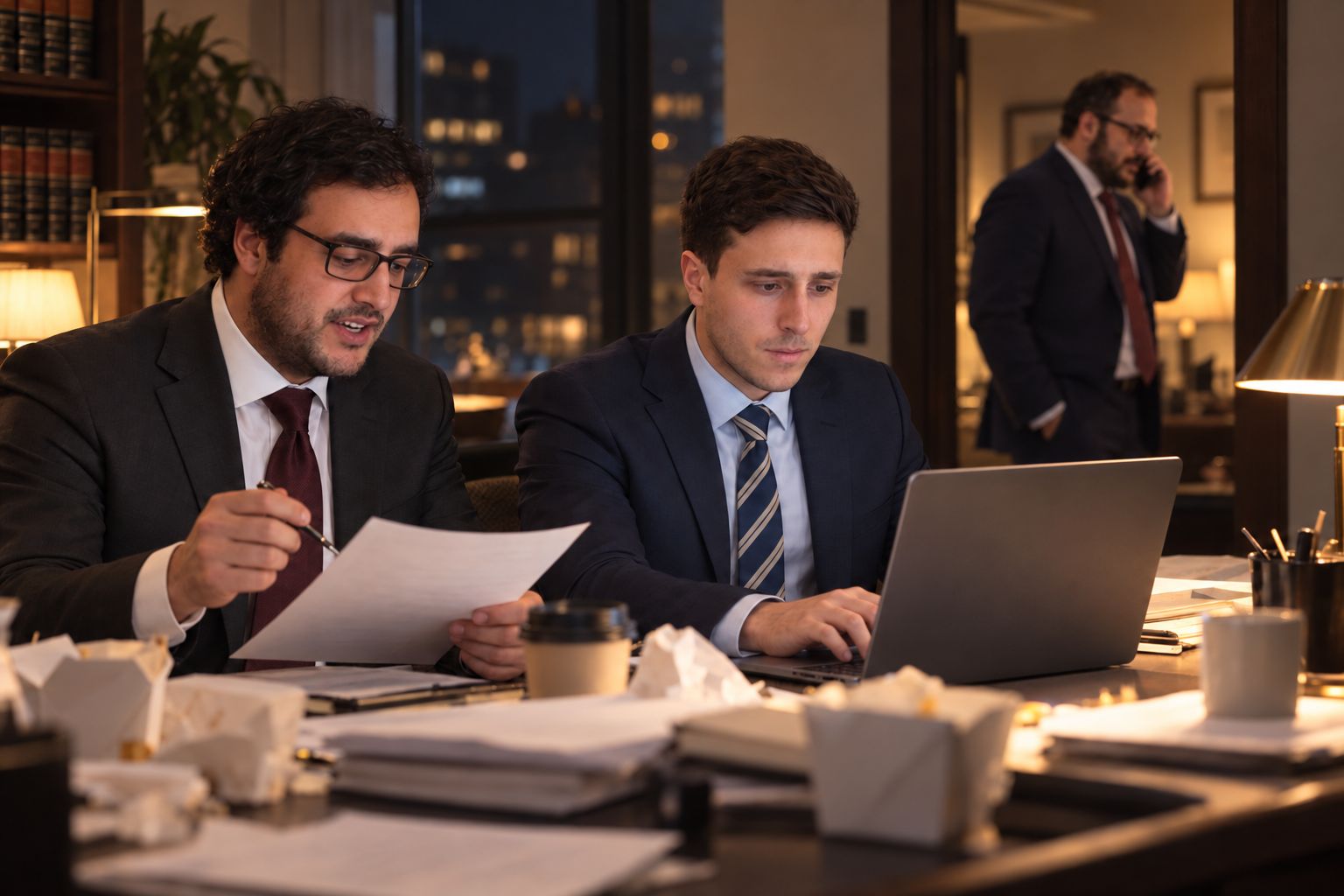 Alexander Susi reading a draft aloud and marking it while Mitchell Bromberg types, takeout containers pushed aside, Mikhail Usher on the phone in the doorway behind them