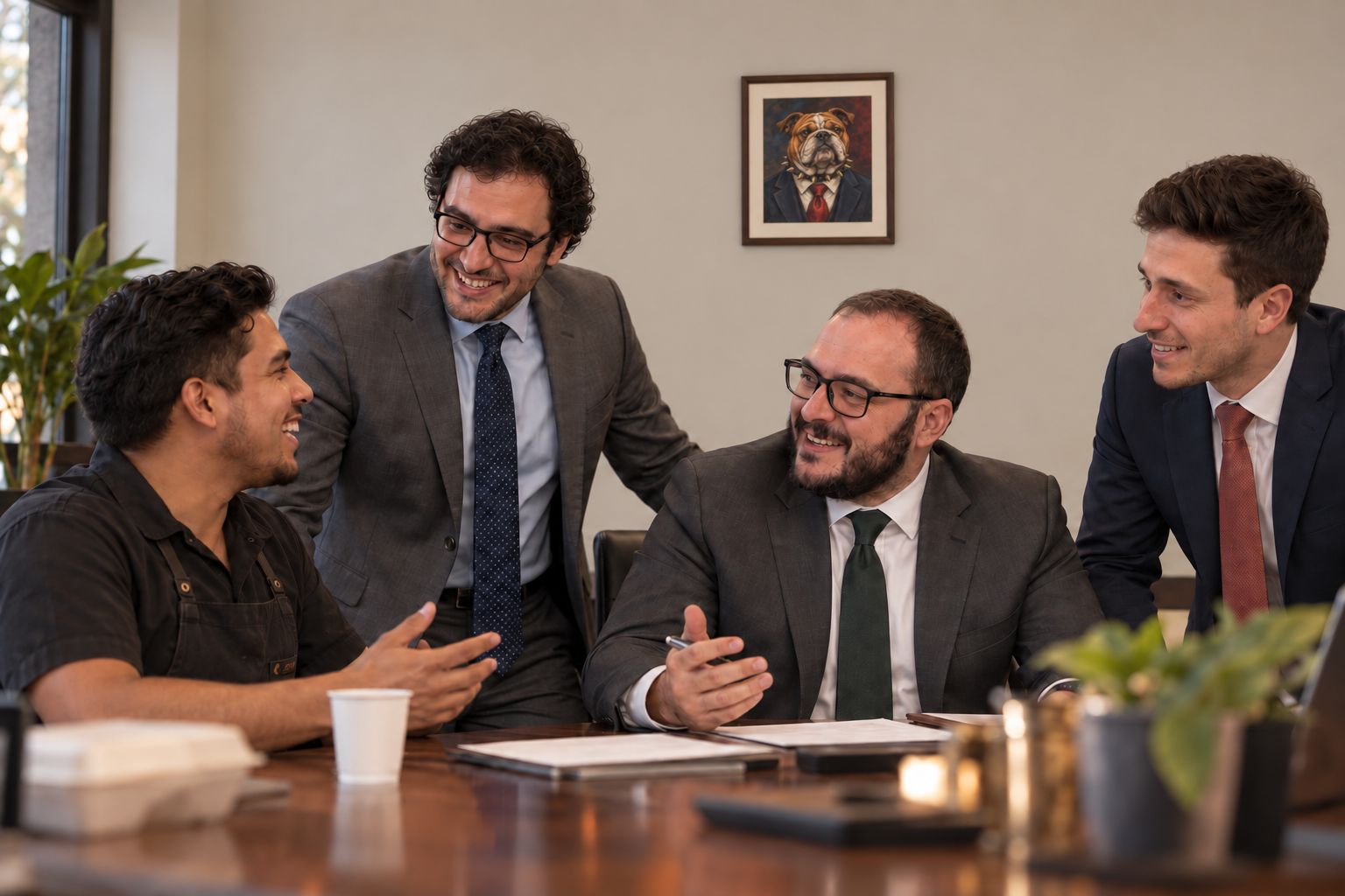 The three attorneys laughing with a food-truck owner at a conference table under a framed print of the firm's bulldog