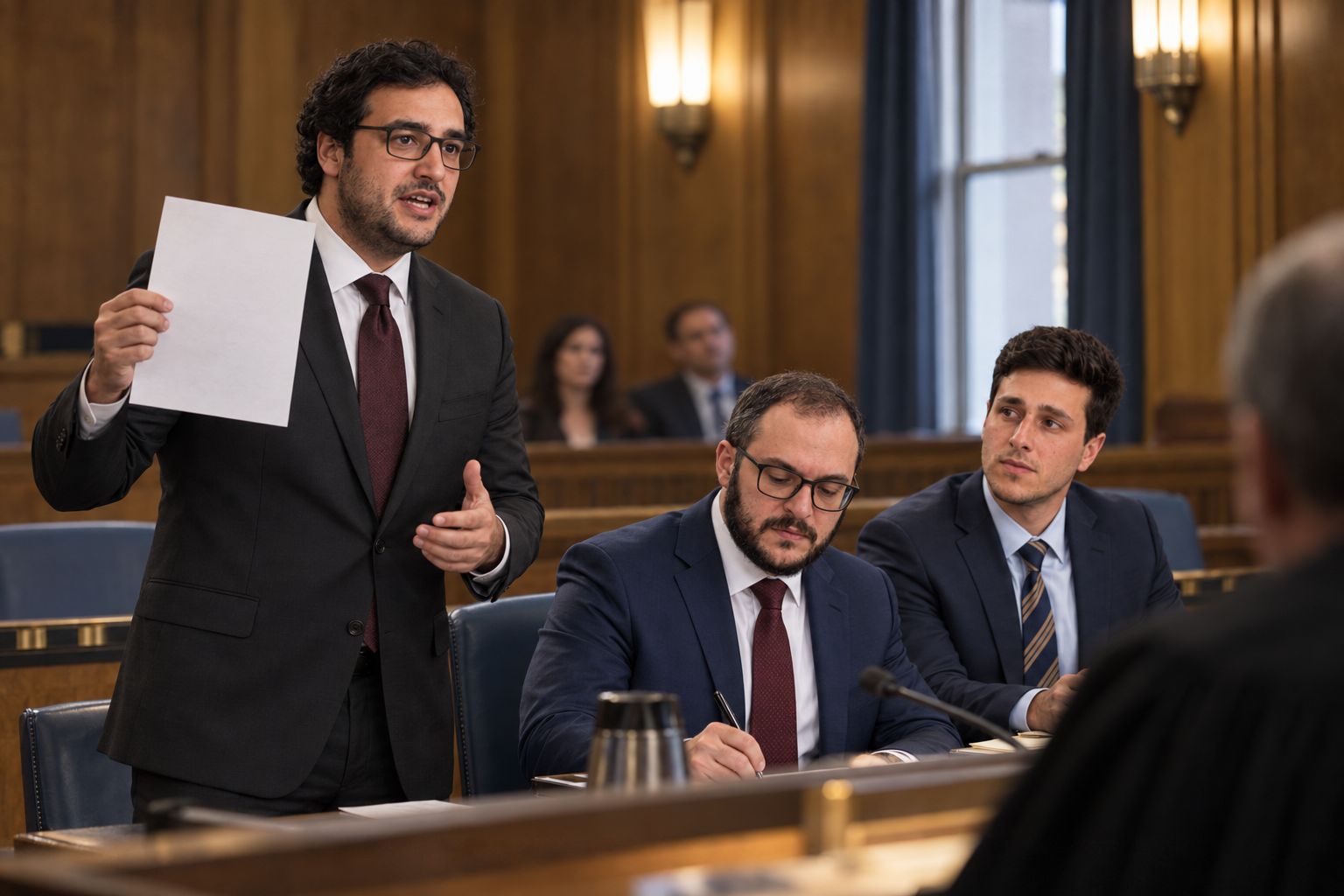 Alexander Susi on his feet holding up an exhibit page in court while Mikhail Usher and Mitchell Bromberg follow along at counsel table