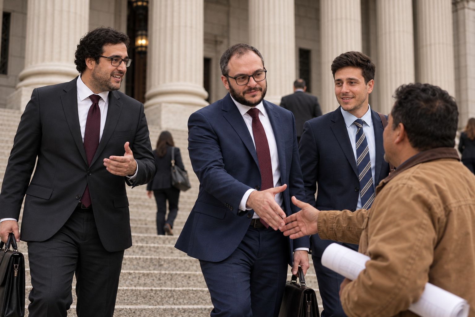 The three attorneys coming down the granite steps of 60 Centre Street after a hearing, a client in a work jacket shaking Mikhail Usher's hand