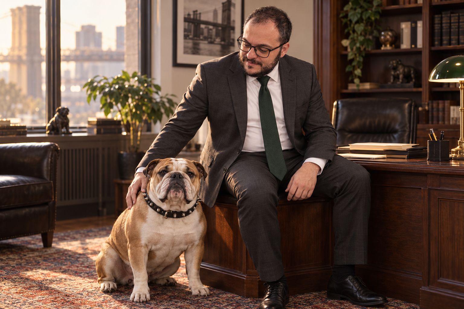 Mikhail Usher seated on the edge of his desk with a tan and white English bulldog in a spiked collar at his feet, Brooklyn Bridge in the window