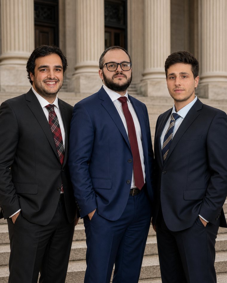 Alexander Susi, Mikhail Usher and Mitchell Bromberg of Usher Law Group, P.C. on courthouse steps